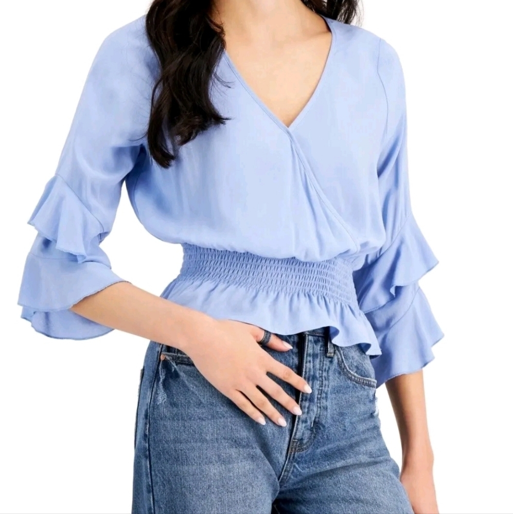 4/$20 NEW Just Polly 100% Rayon Light Blue Cropped Blouse with Ruffled Sleeves M
